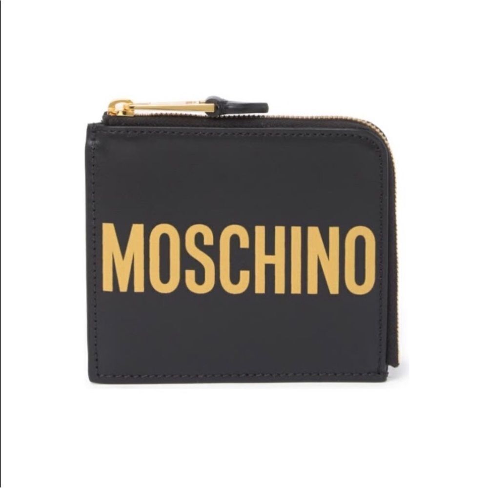 Authentic Moschino Italian Leather Logo Zip Card Case Wallet